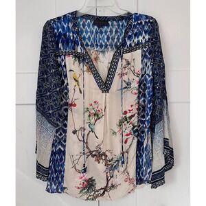 Hale Bob Mixed Print Floral Bird Tassel V-Neck Blouse Blue Cream Medium